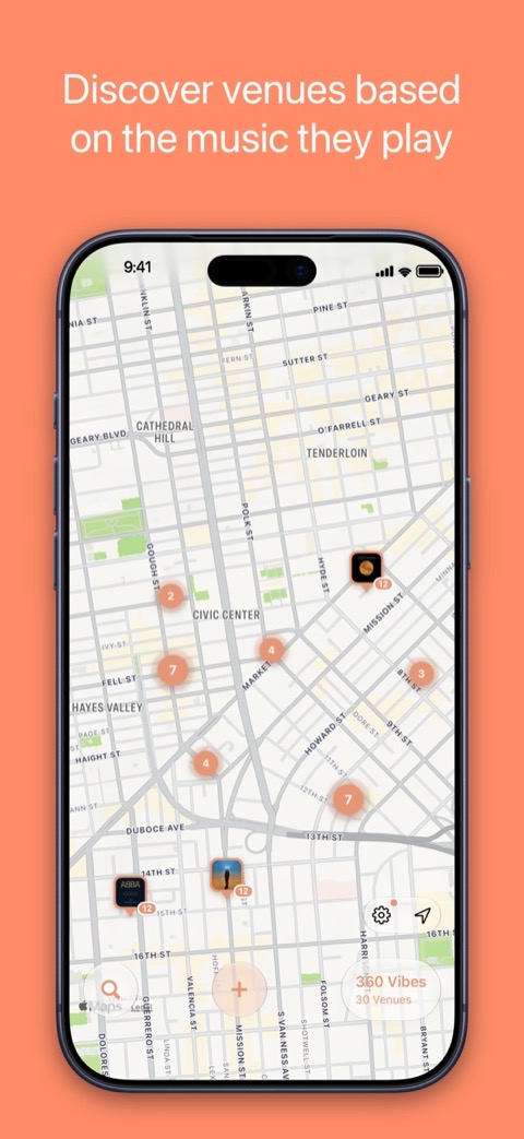 VenueVibes app showing venues on a map